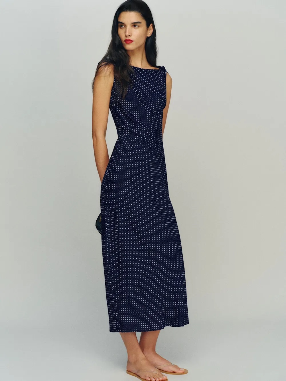 Reformation Navy with White Polka Dot Midi Dress